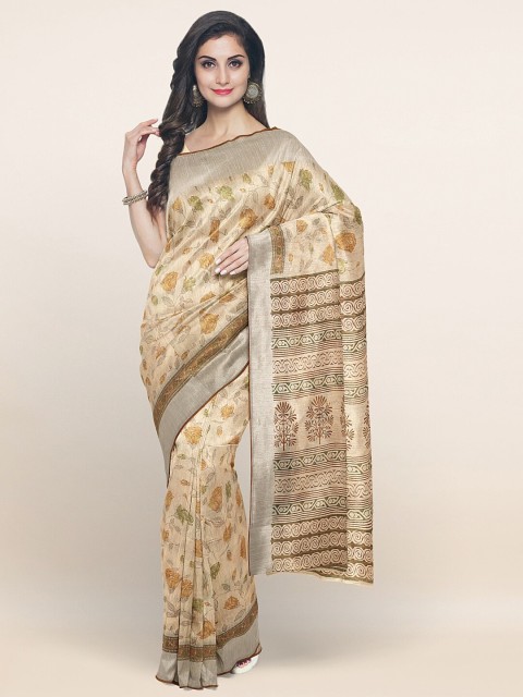 

Pothys Cream-Coloured & Red Floral Zari Saree