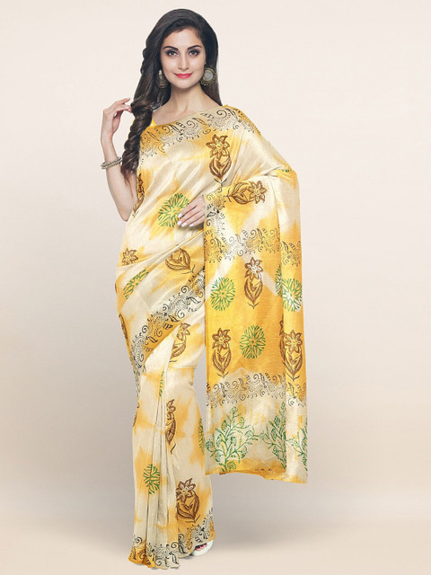

Pothys Cream-Coloured & Yellow Floral Pure Cotton Saree