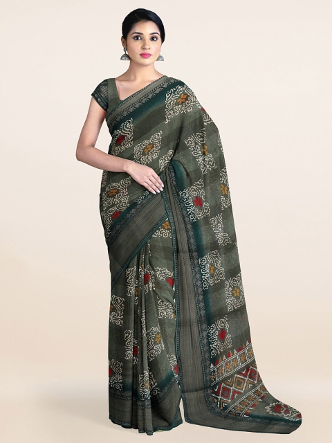 

Pothys Olive Green & Red Ethnic Motifs Printed Cotton Blend Zari Saree
