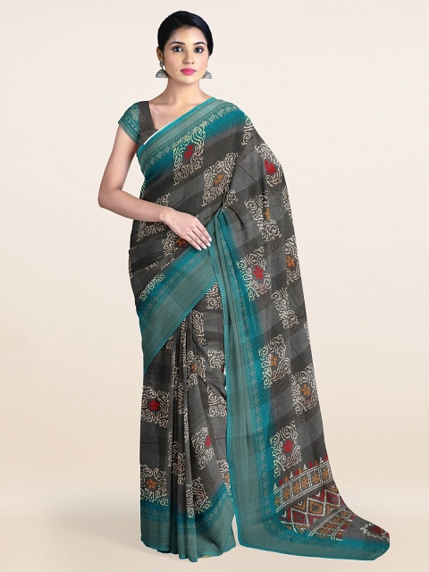 

Pothys Grey & Blue Ethnic Motifs Printed Zari Cotton Blend Saree