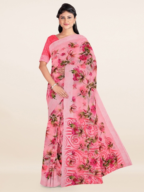 

Pothys Pink & Green Floral Zari Cotton Blend Saree