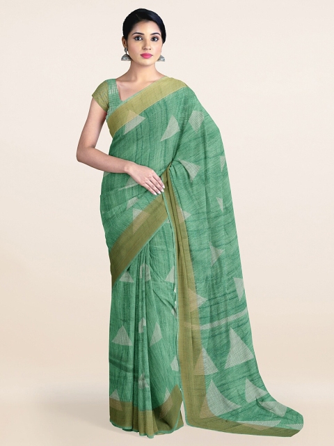 

Pothys Green & White Abstract Printed Cotton Blend Zari Saree