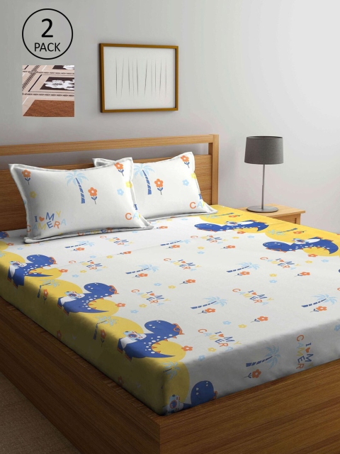 

KLOTTHE White & Blue Cartoon Characters 210 TC 2 King Bedsheet with 4 Pillow Covers