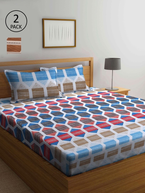 

KLOTTHE Blue & Brown Geometric 210 TC 2 King Size Bedsheets With 4 Pillow Covers