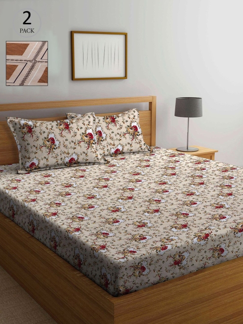 

KLOTTHE Beige & Brown Floral 210 TC 2 King Bedsheet with 4 Pillow Covers