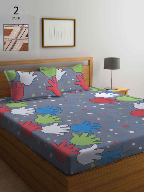 

KLOTTHE Grey & Brown Cartoon Characters 210 TC 2 King Bedsheet with 4 Pillow Covers
