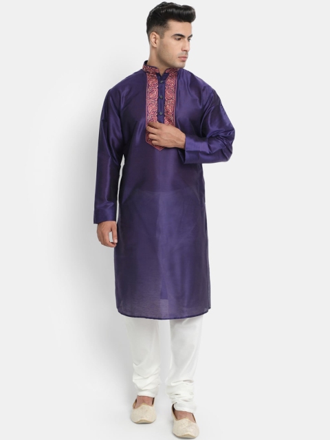 

HOB Men Purple Embroidered Thread Work Kurta with Churidar Pyjamas & Matching Mask