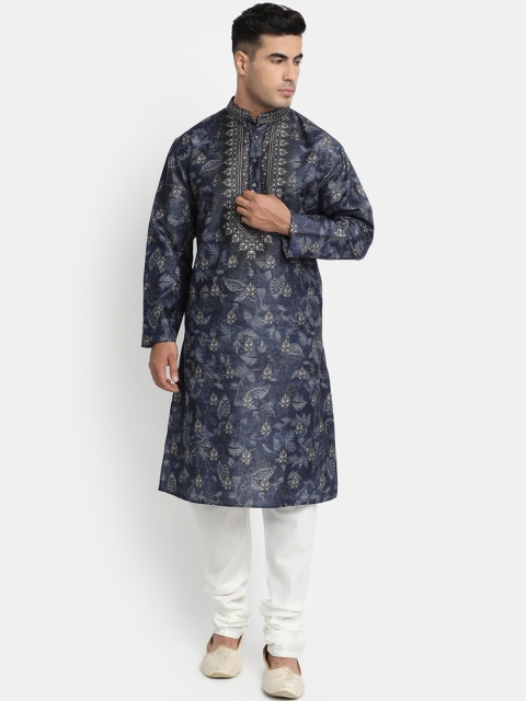 

HOB Men Navy Blue & White Floral Printed Kurta with Pyjamas