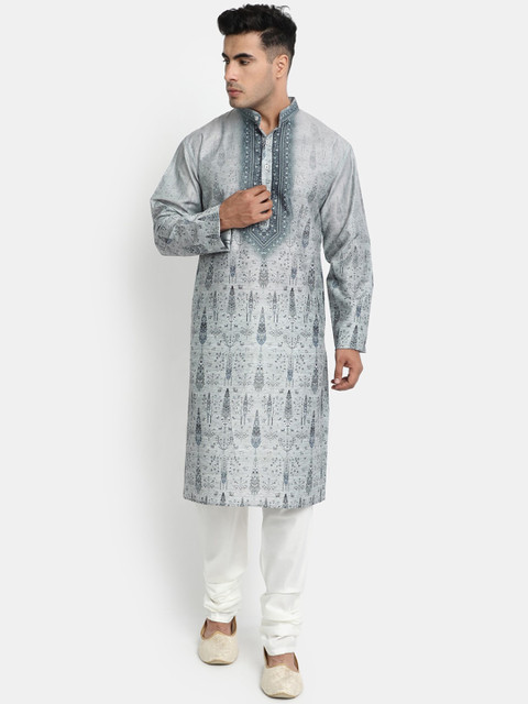 

HOB Men Grey Embroidered Kurta with Pyjamas
