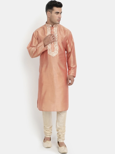

HOB Men Orange Embroidered Kurta with Pyjamas