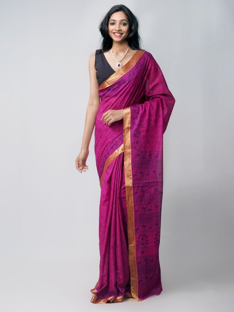 

Unnati Silks Pink & Gold-Toned Ethnic Motifs Pure Cotton Block Print Saree