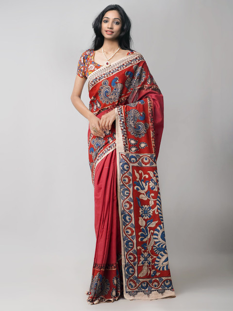 

Unnati Silks Maroon & Blue Kalamkari Printed Pure Cotton Saree