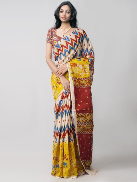 

Unnati Silks Yellow & Red Kalamkari Pure Cotton Saree