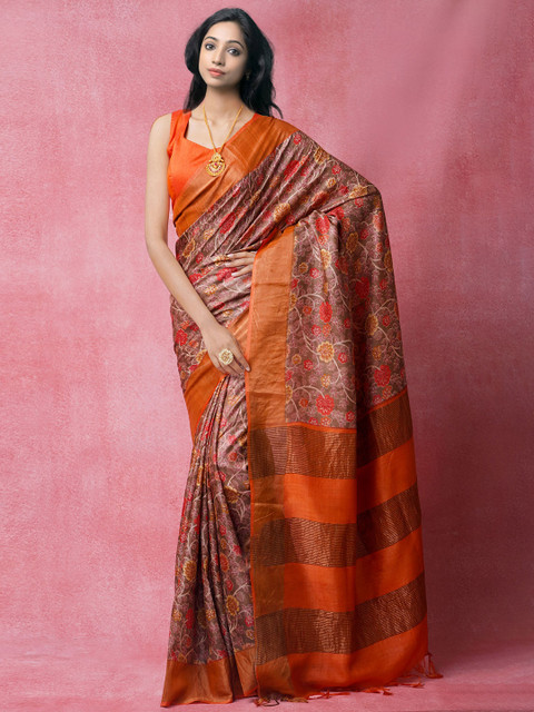 

Unnati Silks Brown & Red Floral Zari Pure Silk Tussar Saree