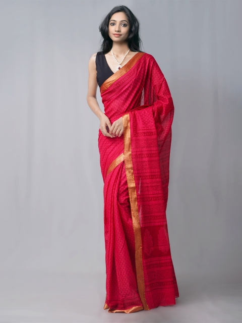 

Unnati Silks Pink & Gold-Toned Ethnic Motifs Pure Cotton Block Print Saree