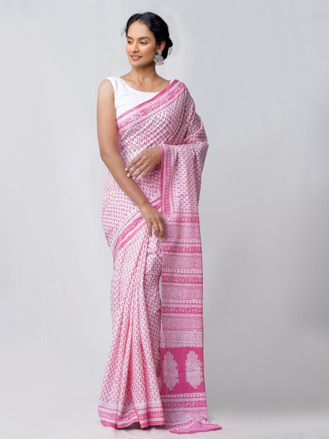 

Unnati Silks White & Pink Ethnic Motifs Pure Cotton Block Print Saree