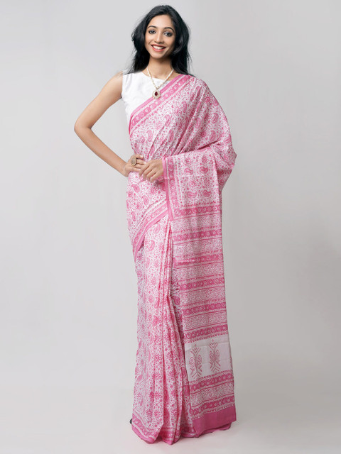 

Unnati Silks White & Pink Ethnic Motifs Pure Cotton Block Print Saree