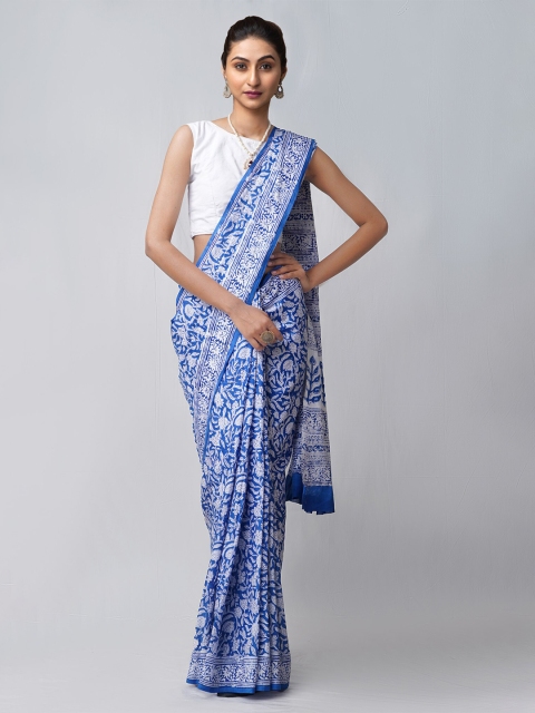 

Unnati Silks Blue & White Ethnic Motifs Pure Cotton Block Print Handloom Saree