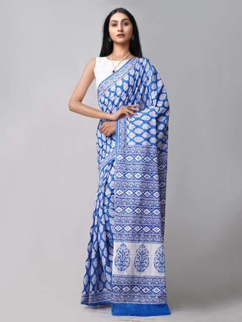 

Unnati Silks Women Blue Printed Mulmul Cotton Saree