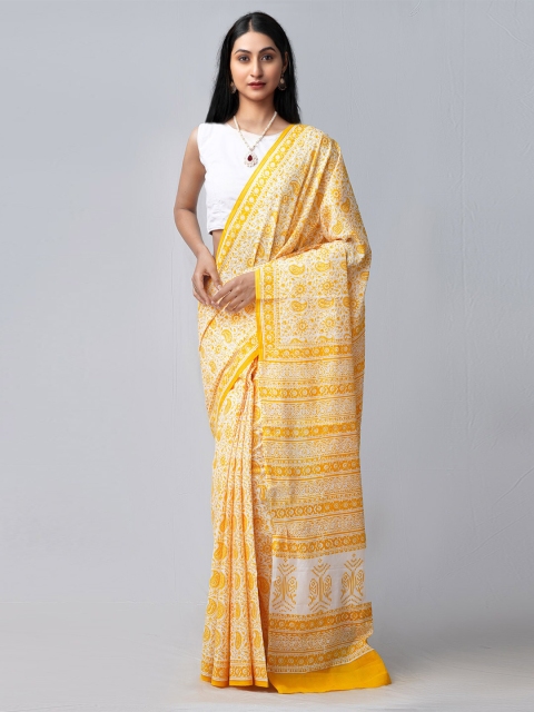 

Unnati Silks Women Cream Printed Mulmul Cotton Saree