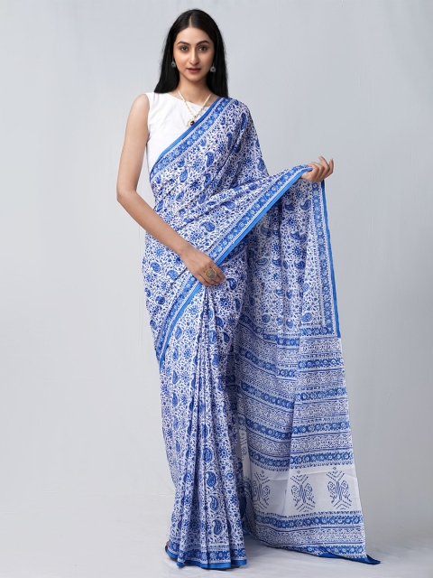 

Unnati Silks White & Blue Ethnic Motifs Mulmul Pure Cotton Block Print Saree