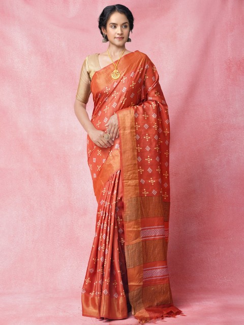 

Unnati Silks Red & Gold-Toned Ethnic Motifs Zari Pure Silk Tussar Saree