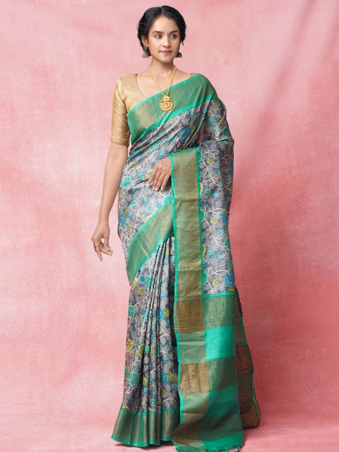 

Unnati Silks Grey & Green Ethnic Motifs Zari Handloom Pure Silk Tussar Saree