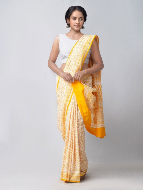 

Unnati Silks Off-White & Yellow Floral Handloom Sustainable Pure Cotton Block Print Saree