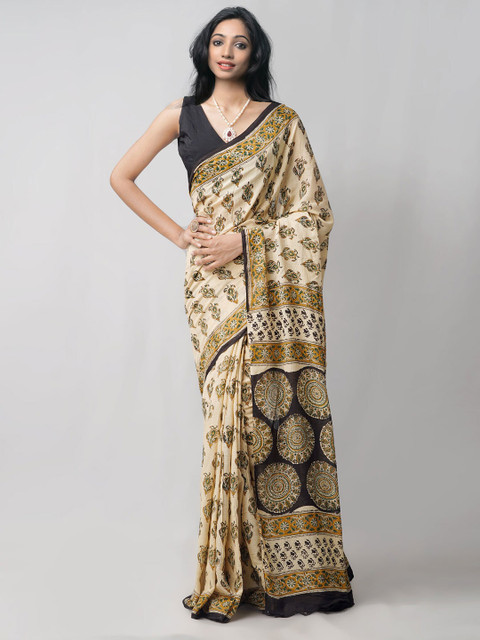 

Unnati Silks Beige & Black Floral Pure Cotton Handloom Sustainable Kota Saree
