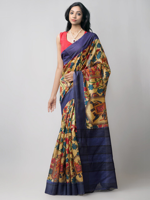 

Unnati Silks Brown & Blue Kalamkari Jute Silk Kanjeevaram Saree