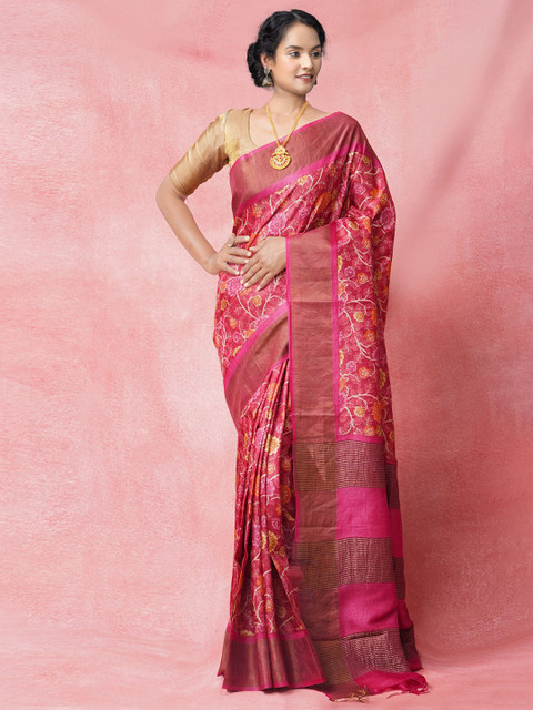 

Unnati Silks Maroon Floral Printed Pure Handloom Sustainable Bengal Tussar Silk Saree