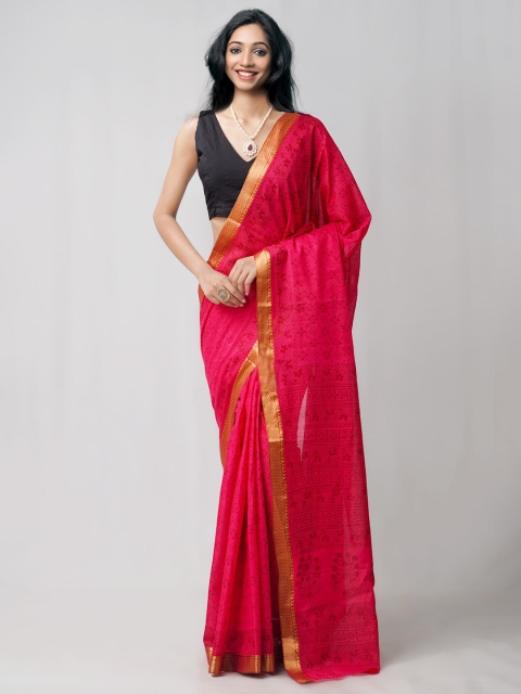 

Unnati Silks Red & Gold-Toned Ethnic Motifs Zari Mulmul Pure Cotton Block Print Saree