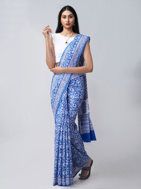 

Unnati Silks Blue & White Ethnic Motifs Pure Cotton Block Print Saree