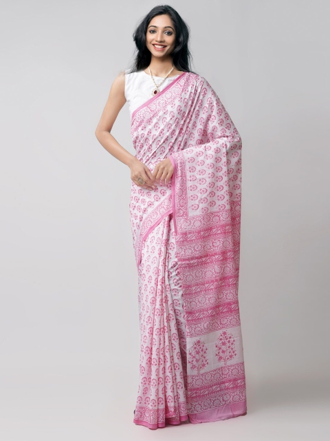 

Unnati Silks White & Pink Ethnic Motifs Pure Cotton Block Print Saree