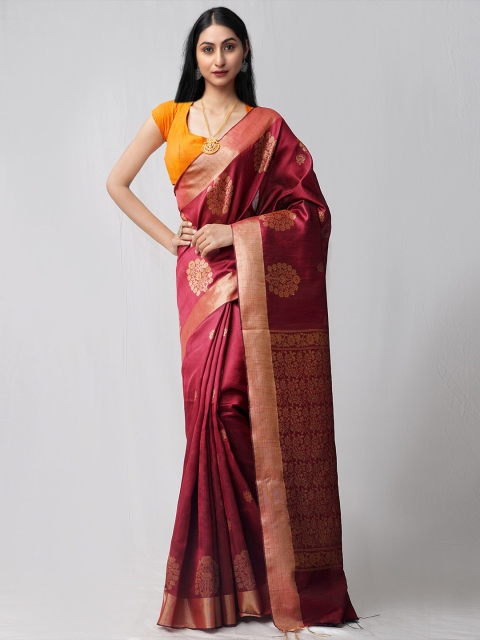 

Unnati Silks Maroon & Gold-Toned Ethnic Motifs Zari Linen Blend Jamdani Saree