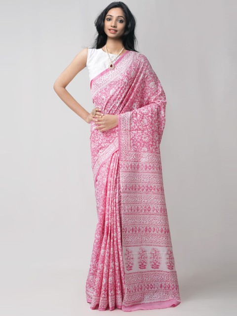 

Unnati Silks Pink & White Ethnic Motifs Pure Cotton Block Print Saree