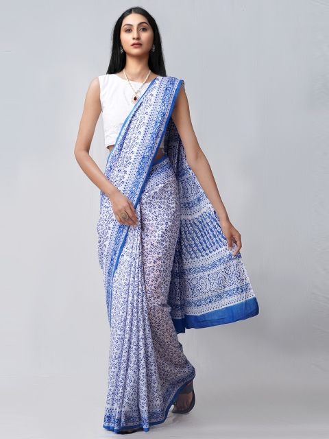 

Unnati Silks White & Blue Ethnic Motifs Pure Cotton Block Print Saree