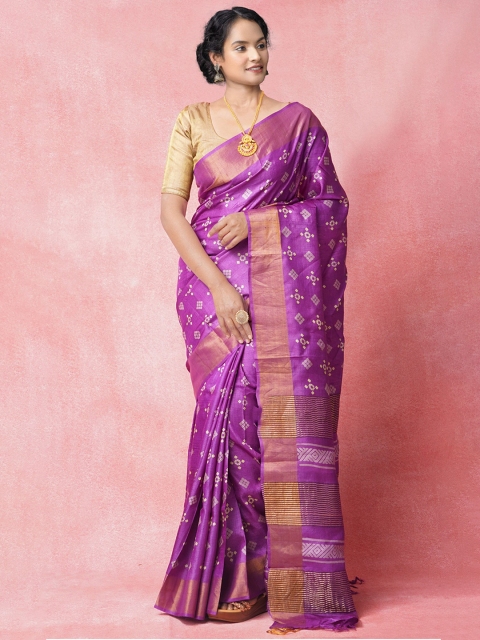 

Unnati Silks Purple & Gold-Toned Ethnic Motifs Zari Pure Silk Tussar Saree