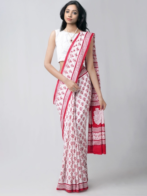 

Unnati Silks White & Red Ethnic Motifs Pure Cotton Handloom Sustainable Block Print Saree