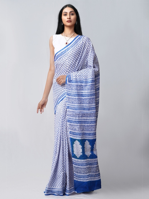 

Unnati Silks White & Blue Ethnic Motifs Pure Cotton Block Print Handloom Saree