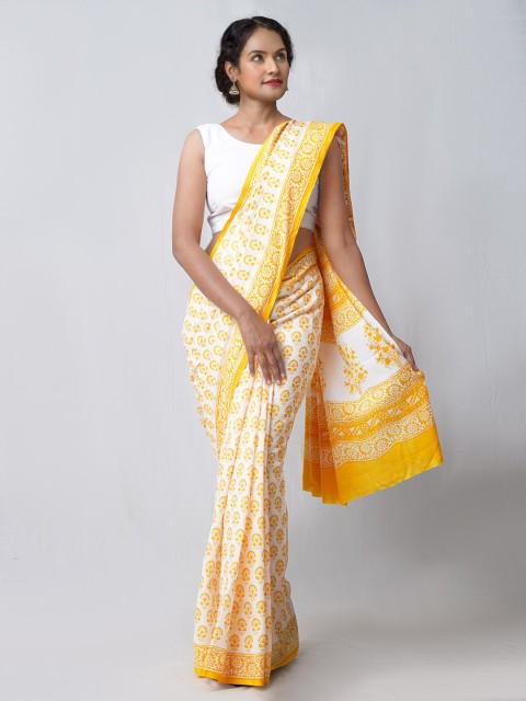 

Unnati Silks Cream-Coloured & Yellow Ethnic Motifs Pure Cotton Block Print Handloom Saree