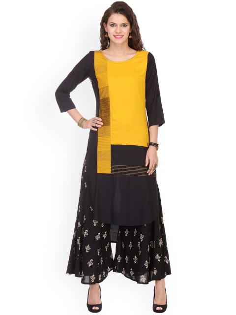 

Varanga Women Black & Yellow Colourblocked Straight Kurta