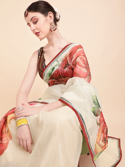 

Sangria Beige & Red Floral Organza Saree