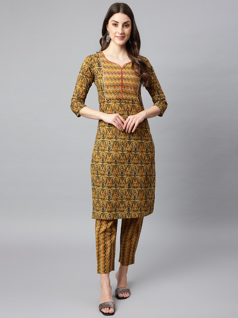 

SHINOY Women Mustard Yellow Ethnic Motifs Printed Pure Cotton Kurta with Trousers