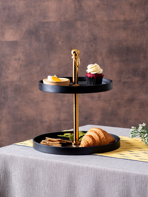 

nestroots Black & Gold-Toned Solid Round 2-Tier Solid Dessert Serveware