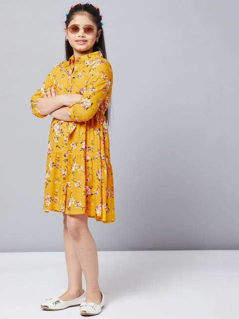 

Stylo Bug Girls Yellow & Pink Floral Belted Pure Cotton Shirt Dress