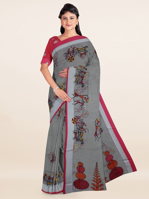 

Pothys Grey & Magenta Floral Zari Saree