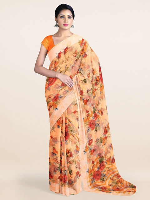

Pothys Peach-Coloured & Green Floral Printed Zari Saree