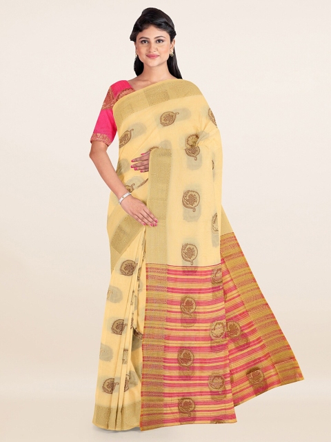 

Pothys Cream-Coloured & Pink Floral Zari Saree