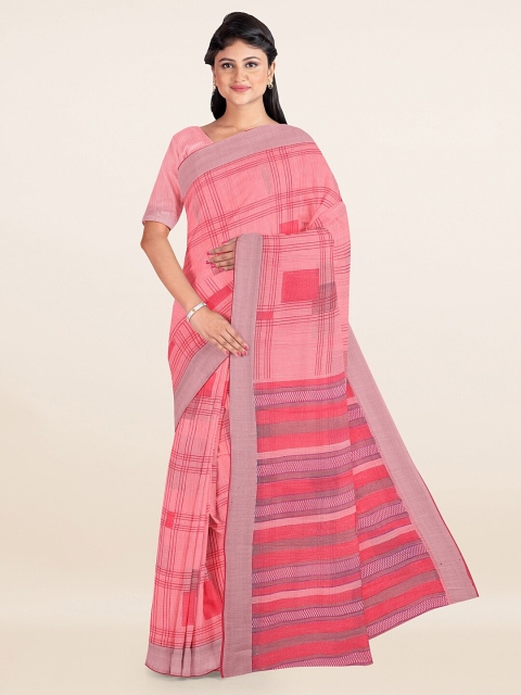 

Pothys Pink & Grey Checked Cotton Blend Zari Saree